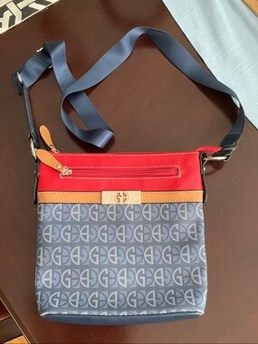 Giani Bernini Navy Monogram Crossbody with Red & Tan Accents